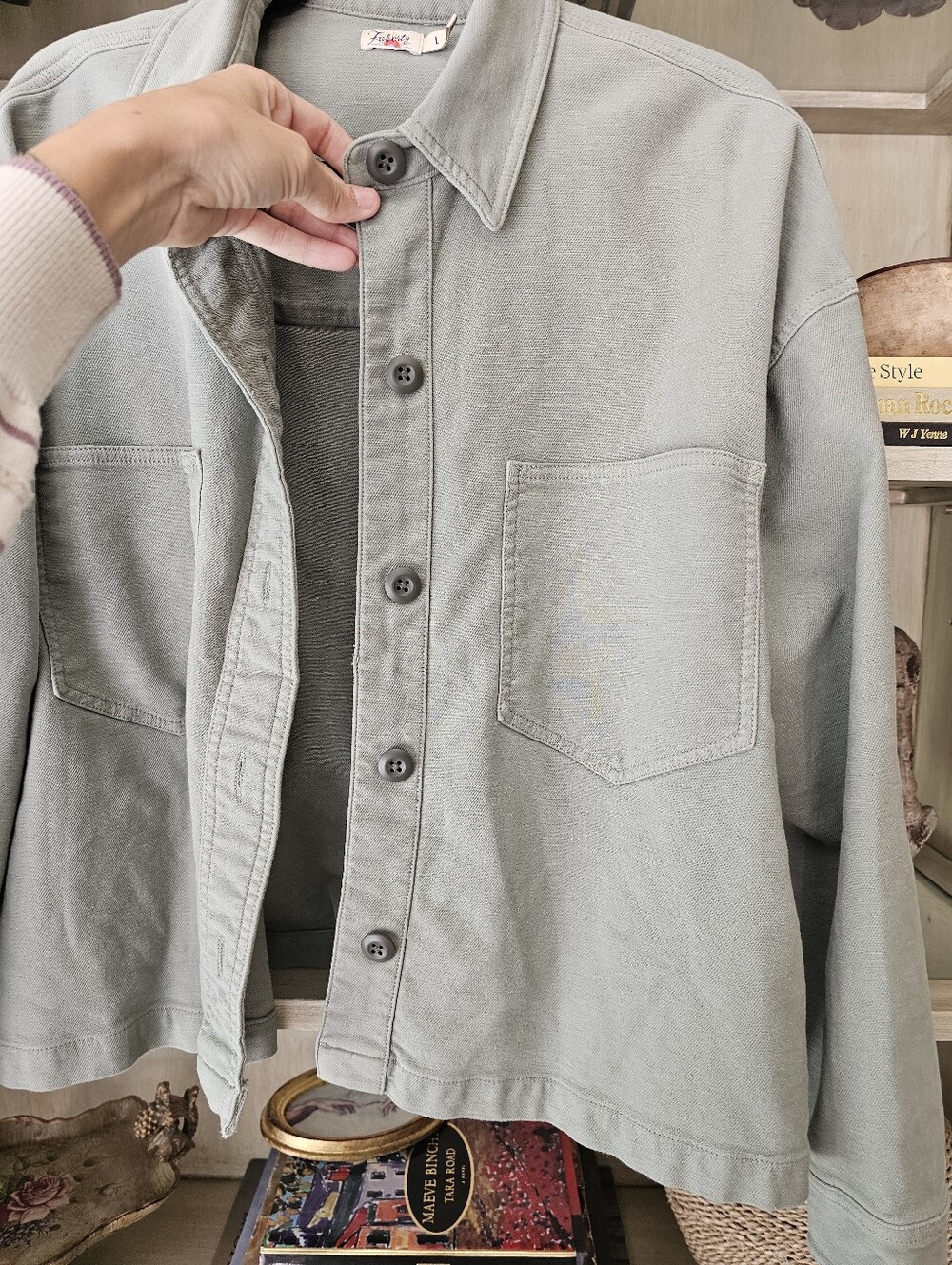Faherty Stretch Terry Barn Overshirt Coastal Sage Large - Picture 7 of 13